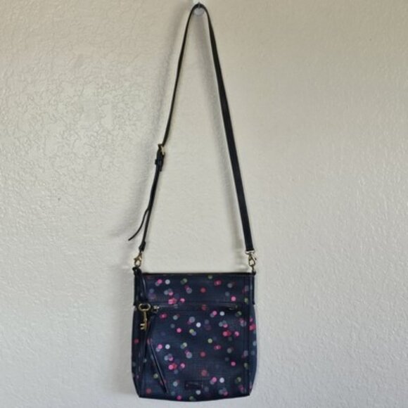 Fossil Women's Emma North South Crossbody Bag Purse Blue Multi Color Dots - Picture 1 of 8